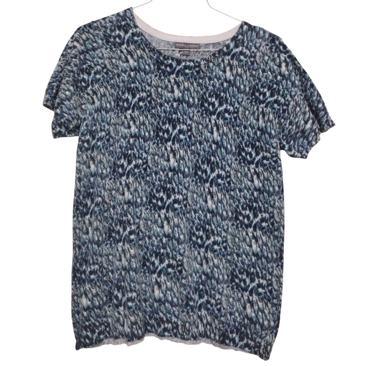 Jessica London Blouse Women 14/16 Blue Knit Abstract Round Neck Short Sleeve